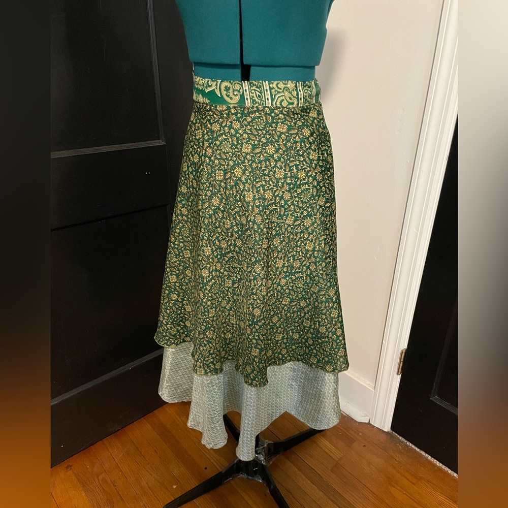 Silk green and blue pattern Indian wrap midi skirt